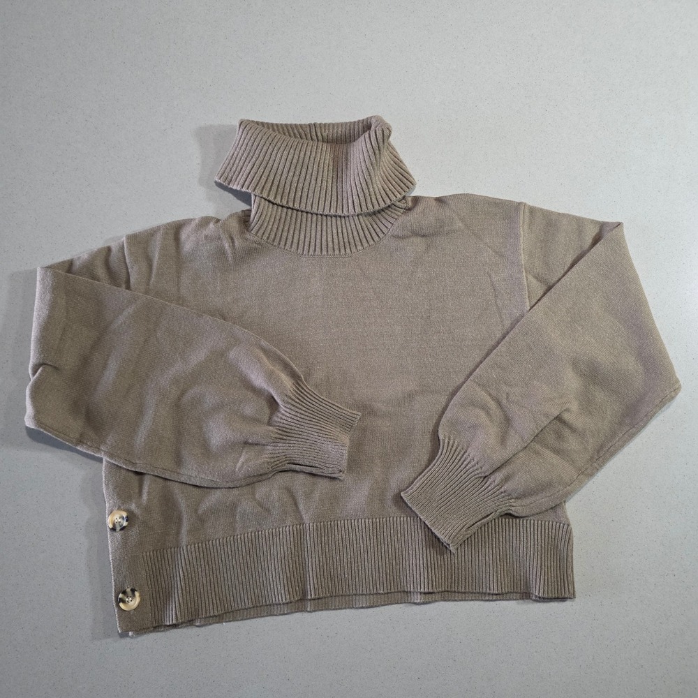 Womens Taupe Brown Turtleneck Lantern Sleeve Cropped Knit Sweater Button Detail